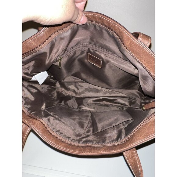 BOC Brown Faux Leather Double Handles Top Zipper Stitched Tote Bag - Picture 14 of 16